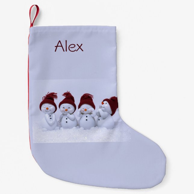 En kvartett snögubbar liten julstrumpa (Framsidan)