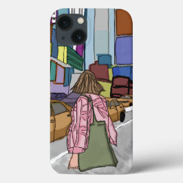 En kvinna går ner på en bustig stadsgata.