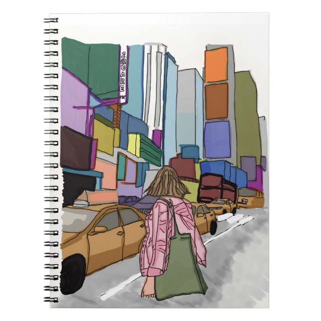 En kvinna går ner på en bustig stadsgata. anteckningsbok (Framsidan)