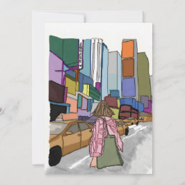 En kvinna går ner på en bustig stadsgata. inbjudningar