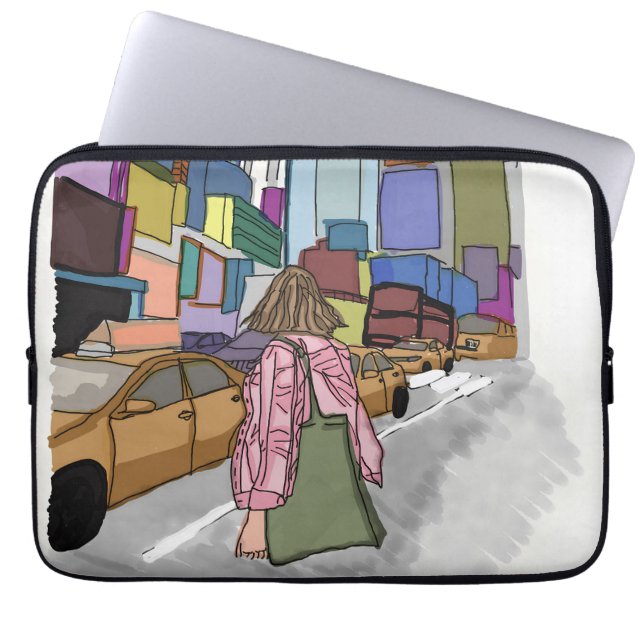 En kvinna går ner på en bustig stadsgata. laptop fodral (Framsidan)