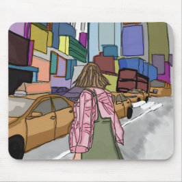 En kvinna går ner på en bustig stadsgata. musmatta