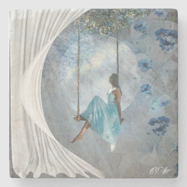 En kvinna i blå klänning på en sväng stenunderlägg (Framsidan)