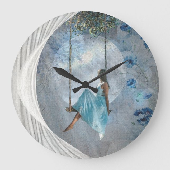 En kvinna i blå klänning på en sväng stor klocka (Framsida)