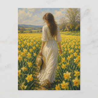 En kvinna i ett fält med narcissus av M. Laplante Vykort
