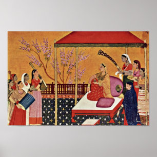 En kvinna lyssnar på musiken av Indischer Maler Um Poster