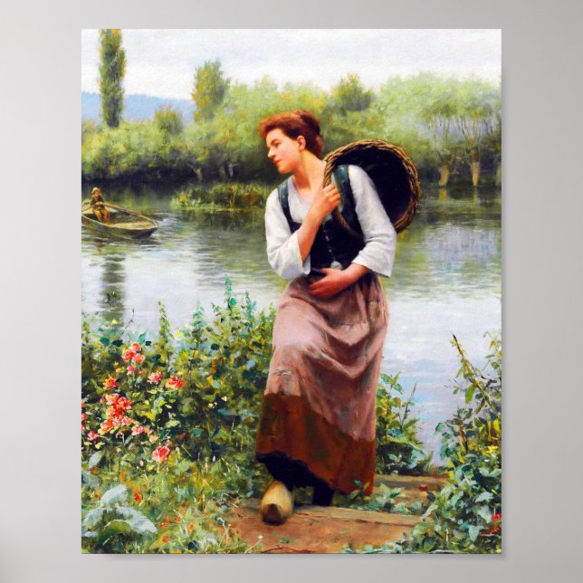 En kvinna med Basket av Daniel Ridgway Knight Poster (Framsidan)