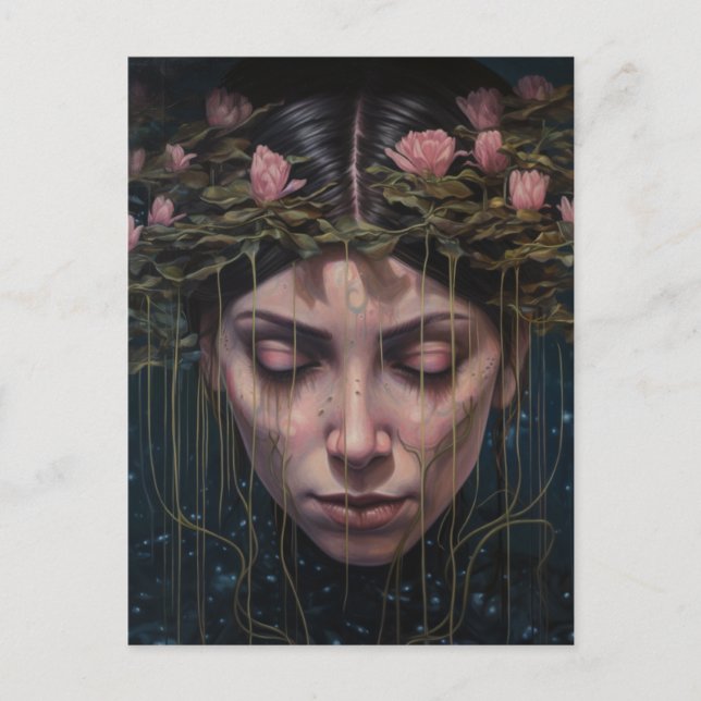 En kvinna med Vatten Lily Flowers Vykort (Framsida)