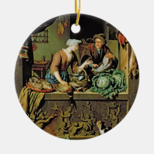En kvinna och en fiskPeddler, 1713 (olja på panel Julgransprydnad Keramik