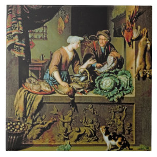 En kvinna och en fiskPeddler, 1713 (olja på panel Kakelplatta