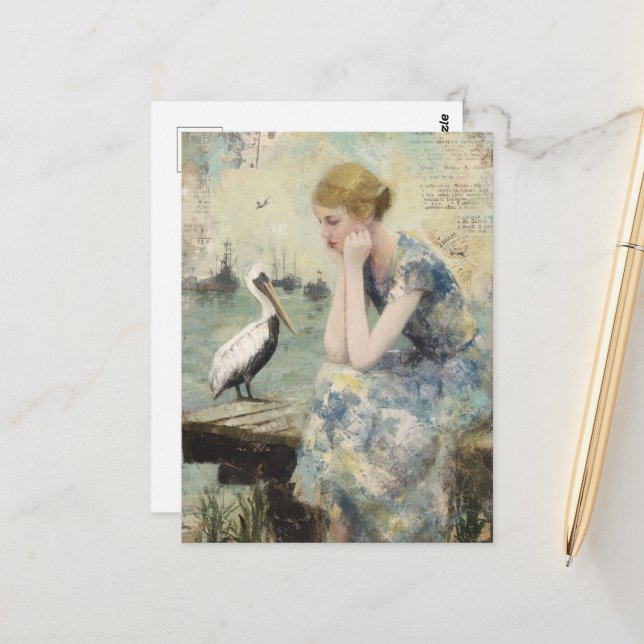 En kvinna och en Pelican Mixed Media Collage Vykort (Fram/Back In Situ)