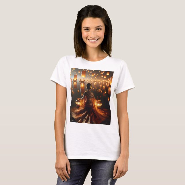 en kvinna sitter framför ett flytande lyktor t shirt (Hel framsida)