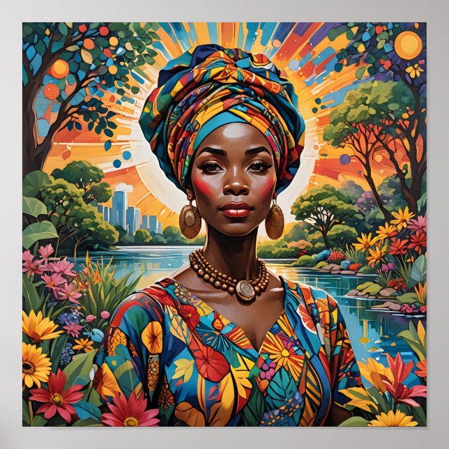 En kvinna som har en kraftig turban och Blommigt Poster (Framsidan)