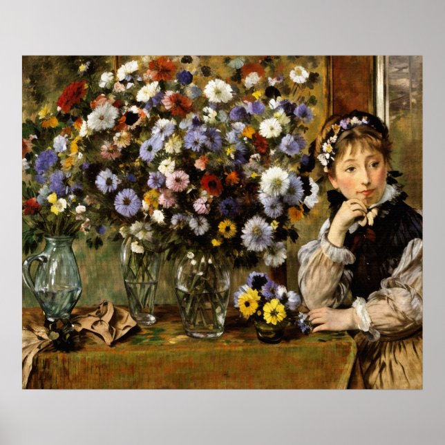 En kvinna som sitter bredvid Vas i blommor Poster (Framsidan)
