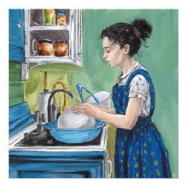 En kvinna som tvättar diskar i ett blått kök. fototryck
