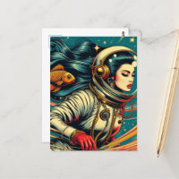 En kvinnlig astronaut och en guldfisk Scifi Retro