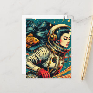 En kvinnlig astronaut och en guldfisk Scifi Retro  Vykort