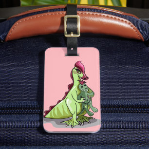 En kvinnlig Hadrosaurus som håller en doll. Bagagebricka