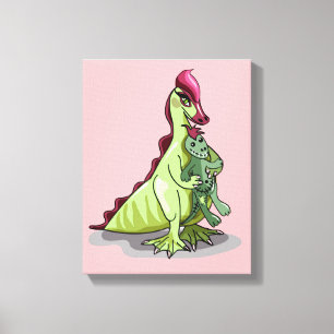 En kvinnlig Hadrosaurus som håller en doll. Canvastryck