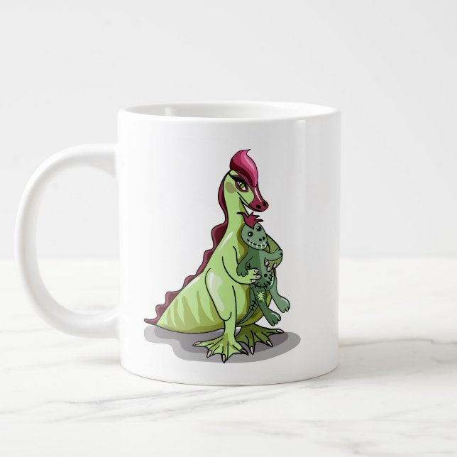 En kvinnlig Hadrosaurus som håller en doll. Jumbo Mugg (Vänster)