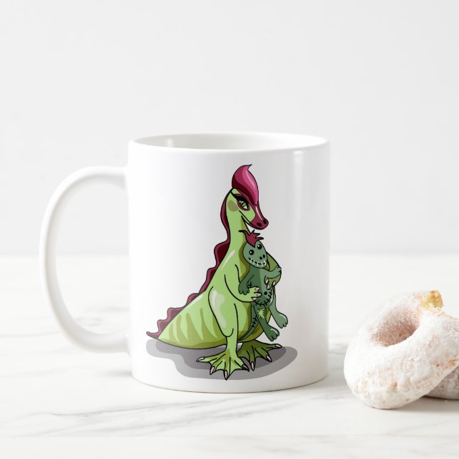 En kvinnlig Hadrosaurus som håller en doll. Kaffemugg (Med munk)