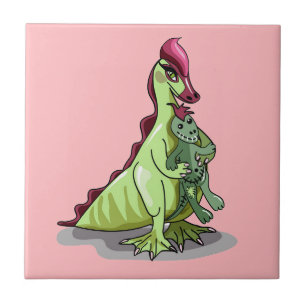 En kvinnlig Hadrosaurus som håller en doll. Kakelplatta