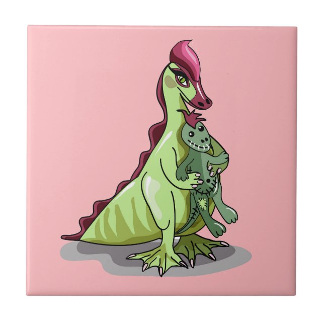 En kvinnlig Hadrosaurus som håller en doll. Kakelplatta (Framsidan)