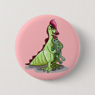 En kvinnlig Hadrosaurus som håller en doll. Knapp
