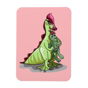 En kvinnlig Hadrosaurus som håller en doll. Magnet