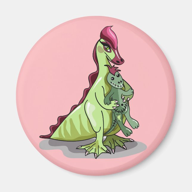 En kvinnlig Hadrosaurus som håller en doll. Magnet (Framsidan)