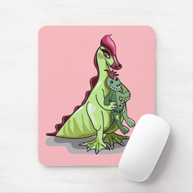 En kvinnlig Hadrosaurus som håller en doll. Musmatta (Med mus)