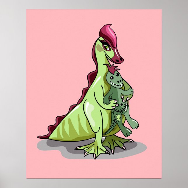 En kvinnlig Hadrosaurus som håller en doll. Poster (Framsidan)