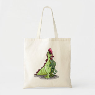 En kvinnlig Hadrosaurus som håller en doll. Tygkasse