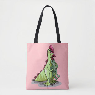 En kvinnlig Hadrosaurus som håller en doll. Tygkasse
