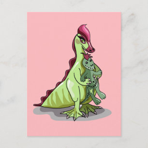 En kvinnlig Hadrosaurus som håller en doll. Vykort