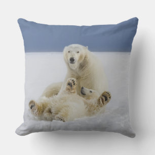 En kvinnlig isbjörn och hennes unge leker i snön kudde
