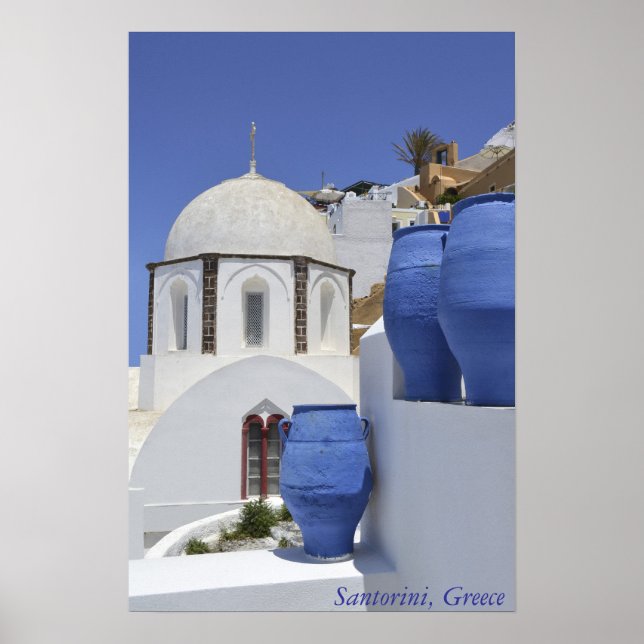En kyrka i Santorini, Grekland Poster (Framsidan)