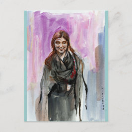 En leende flicka i svart vykort