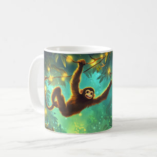 En leende ung apa som svingar genom frodig tropisk kaffemugg