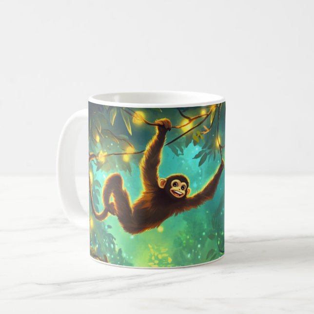 En leende ung apa som svingar genom frodig tropisk kaffemugg (Framsida vänster)