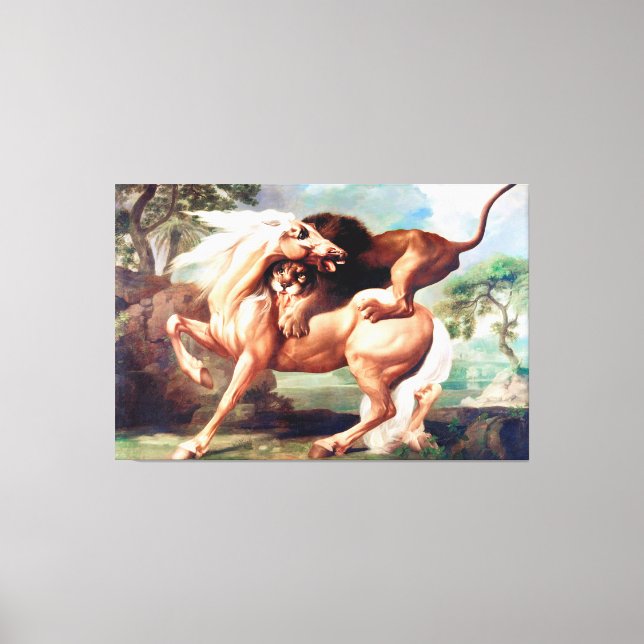 En Lejon attack mot en hästmålning-17620 Canvastryck (Framsida)