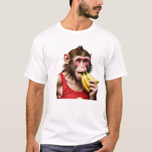 En lekande apa sitter vid en pulserande, krämande t shirt