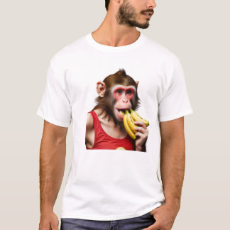 En lekande apa sitter vid en pulserande, krämande  t shirt