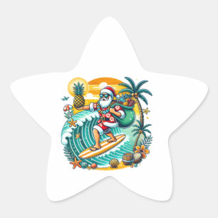 En lekfull Jultomten surfande på en våg från Hawai Stjärnformat Klistermärke