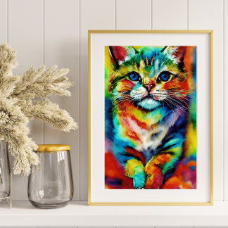 En lekfull och vit färglös katt poster