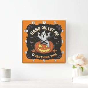 En lekfull spökpunkt ovanför en jack-o'-lantern fyrkantig klocka