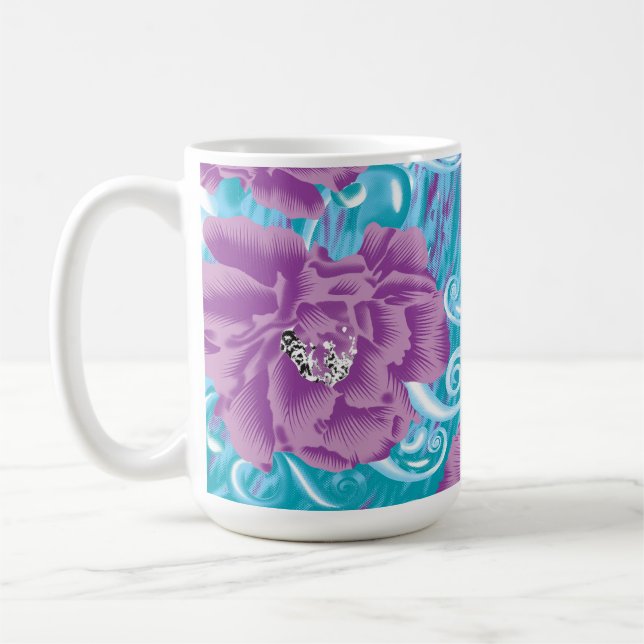 En levande textildesign med lila och turk kaffemugg (Vänster)