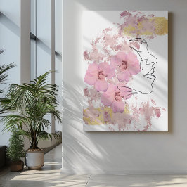En Line ansikte art med rosa Flowers guld Canvastryck