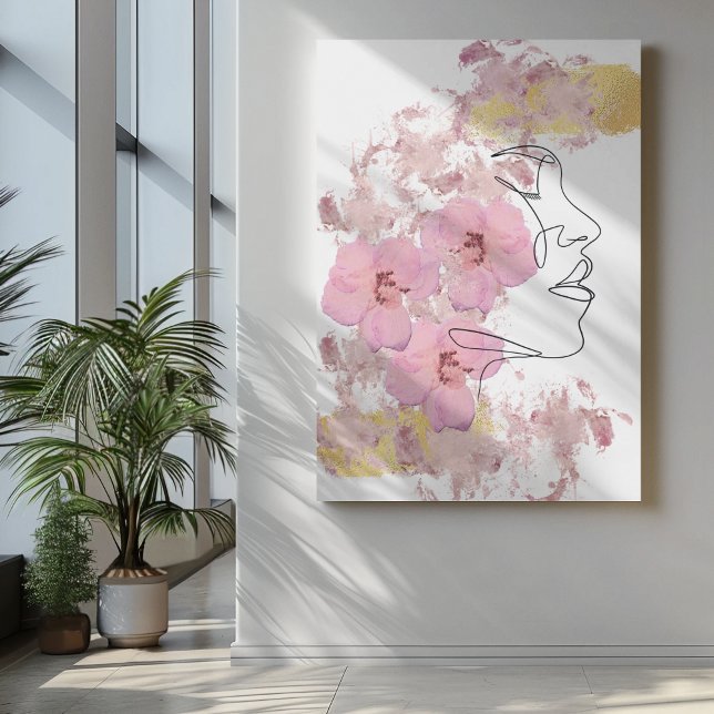En Line ansikte art med rosa Flowers guld Canvastryck (Skapare uppladdad)