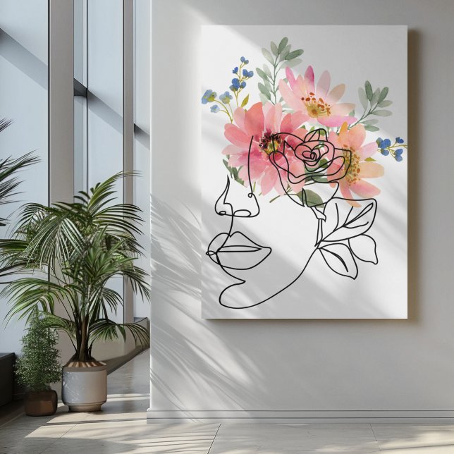 En linje ansikte art med rosa botanisk blomma öga canvastryck (Skapare uppladdad)